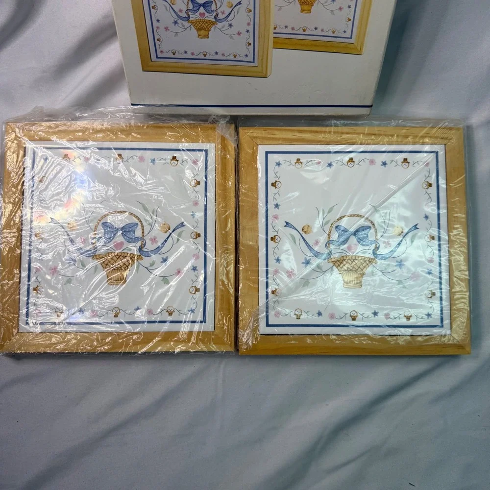 Vintage Set of 2 Ceramic Tile Wood Framed Trivets Country Floral Basket Wall Art